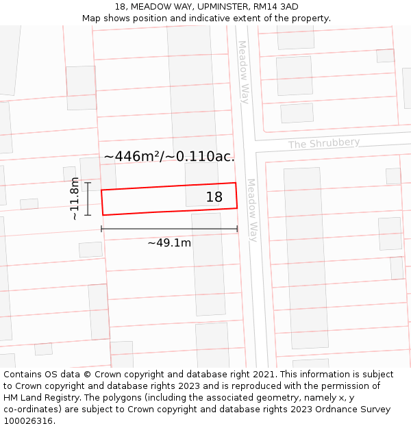 18, MEADOW WAY, UPMINSTER, RM14 3AD: Plot and title map
