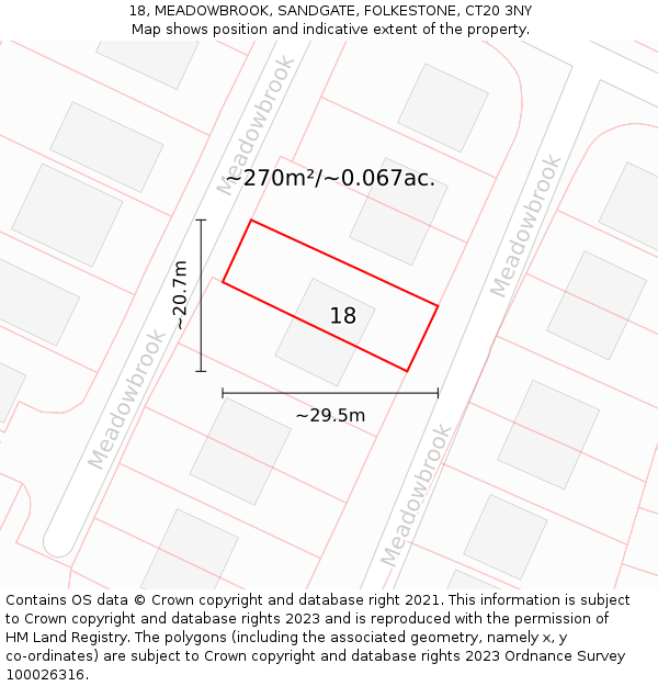 18, MEADOWBROOK, SANDGATE, FOLKESTONE, CT20 3NY: Plot and title map