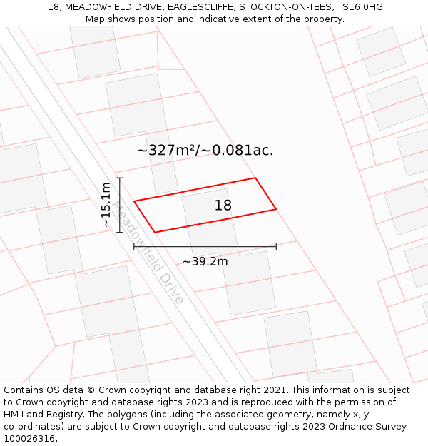 18, MEADOWFIELD DRIVE, EAGLESCLIFFE, STOCKTON-ON-TEES, TS16 0HG: Plot and title map