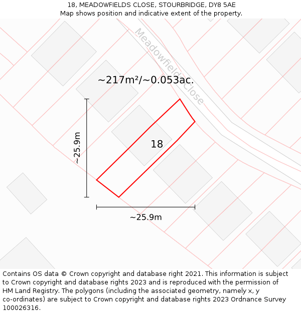 18, MEADOWFIELDS CLOSE, STOURBRIDGE, DY8 5AE: Plot and title map