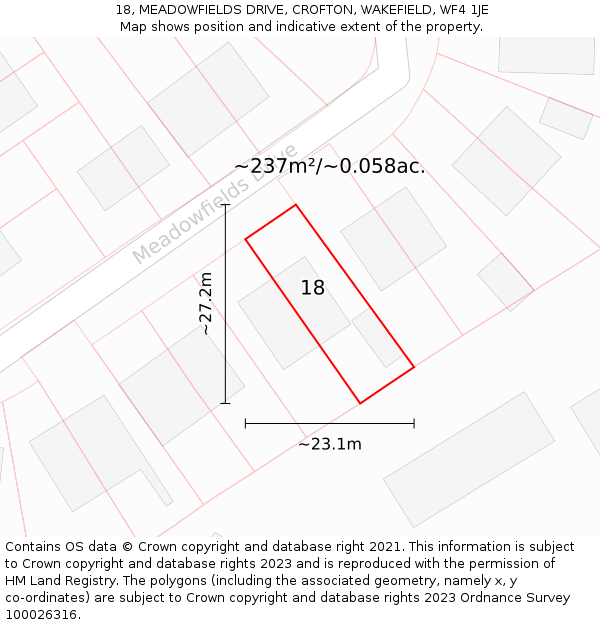 18, MEADOWFIELDS DRIVE, CROFTON, WAKEFIELD, WF4 1JE: Plot and title map