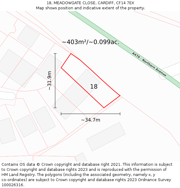 18, MEADOWGATE CLOSE, CARDIFF, CF14 7EX: Plot and title map