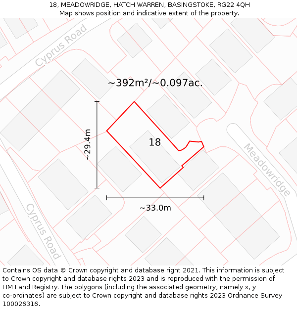 18, MEADOWRIDGE, HATCH WARREN, BASINGSTOKE, RG22 4QH: Plot and title map
