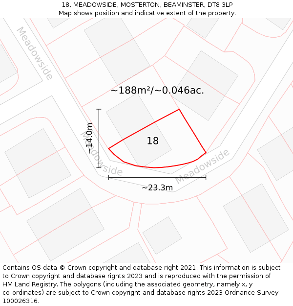 18, MEADOWSIDE, MOSTERTON, BEAMINSTER, DT8 3LP: Plot and title map