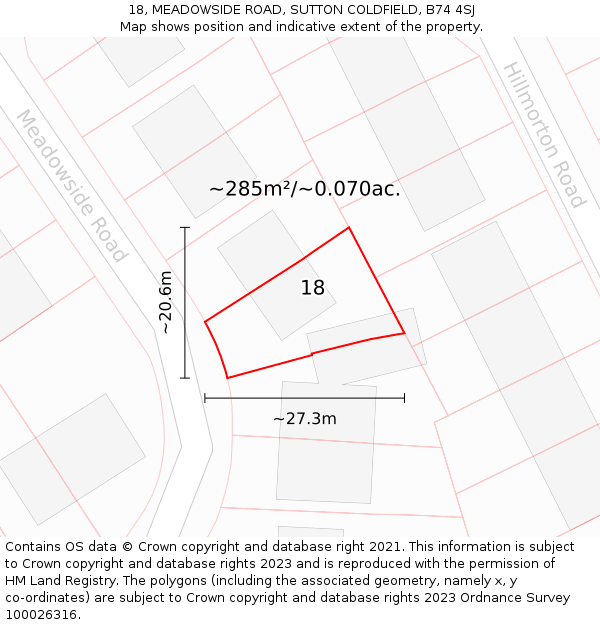 18, MEADOWSIDE ROAD, SUTTON COLDFIELD, B74 4SJ: Plot and title map