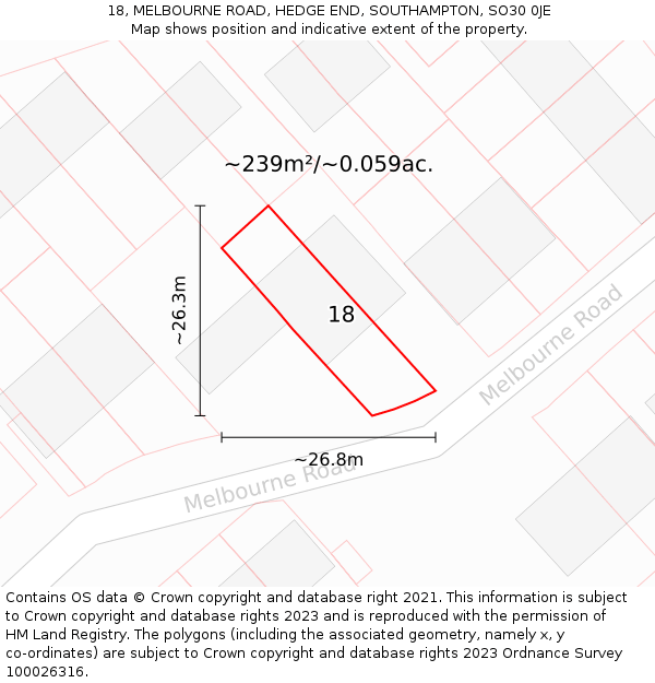 18, MELBOURNE ROAD, HEDGE END, SOUTHAMPTON, SO30 0JE: Plot and title map
