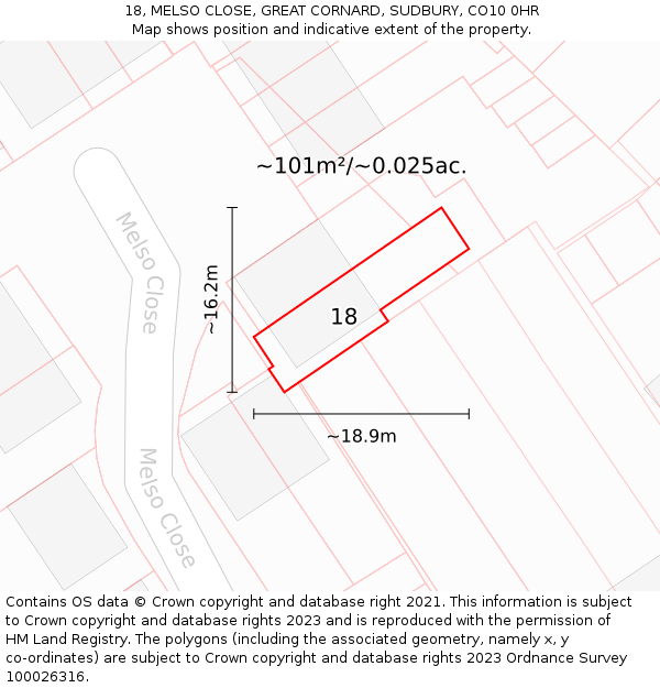 18, MELSO CLOSE, GREAT CORNARD, SUDBURY, CO10 0HR: Plot and title map