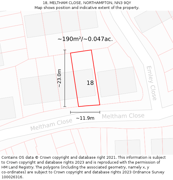 18, MELTHAM CLOSE, NORTHAMPTON, NN3 9QY: Plot and title map