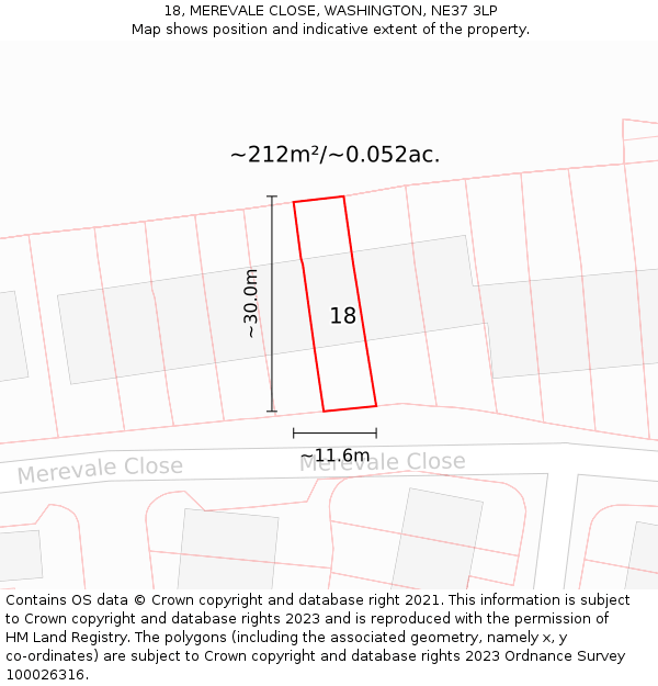 18, MEREVALE CLOSE, WASHINGTON, NE37 3LP: Plot and title map