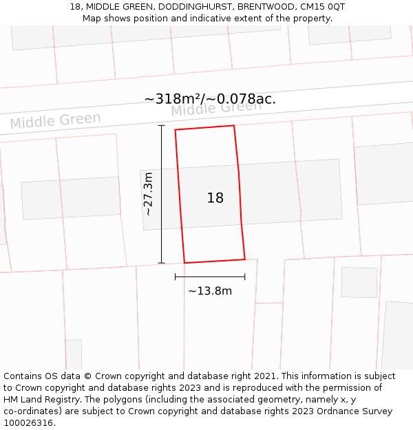 18, MIDDLE GREEN, DODDINGHURST, BRENTWOOD, CM15 0QT: Plot and title map