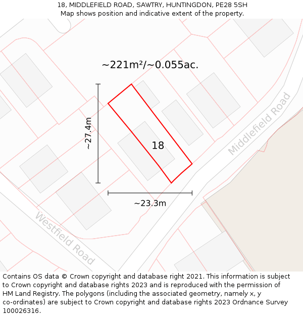 18, MIDDLEFIELD ROAD, SAWTRY, HUNTINGDON, PE28 5SH: Plot and title map