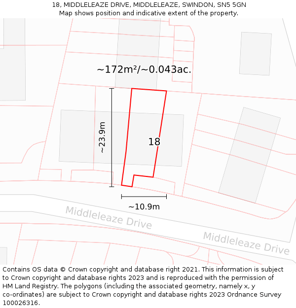 18, MIDDLELEAZE DRIVE, MIDDLELEAZE, SWINDON, SN5 5GN: Plot and title map