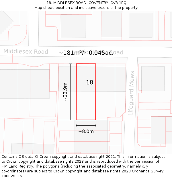 18, MIDDLESEX ROAD, COVENTRY, CV3 1PQ: Plot and title map