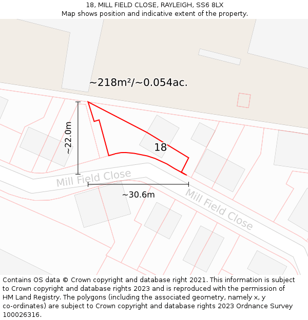 18, MILL FIELD CLOSE, RAYLEIGH, SS6 8LX: Plot and title map