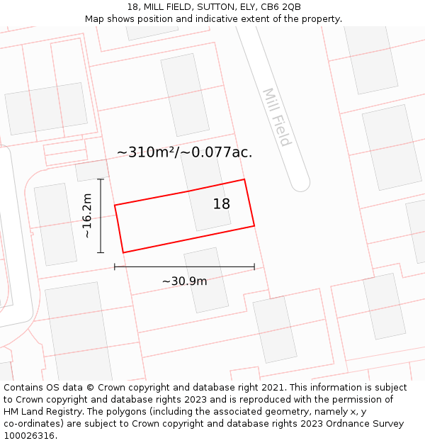 18, MILL FIELD, SUTTON, ELY, CB6 2QB: Plot and title map