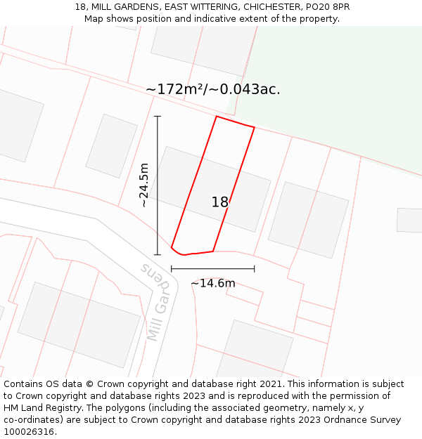 18, MILL GARDENS, EAST WITTERING, CHICHESTER, PO20 8PR: Plot and title map