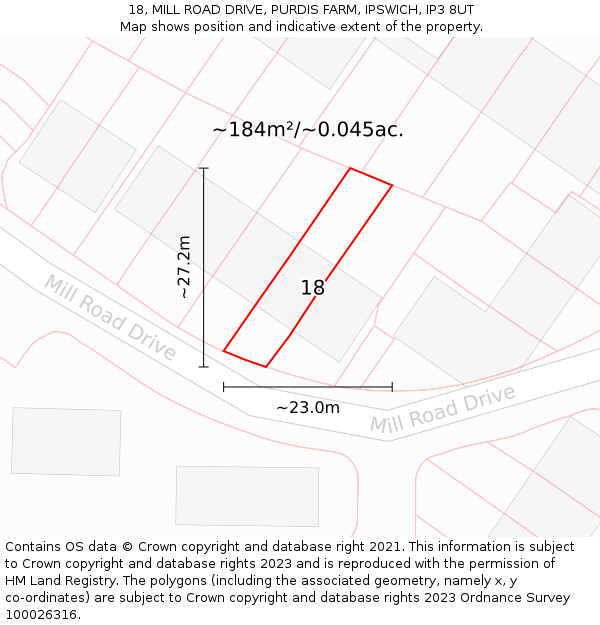 18, MILL ROAD DRIVE, PURDIS FARM, IPSWICH, IP3 8UT: Plot and title map