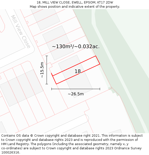 18, MILL VIEW CLOSE, EWELL, EPSOM, KT17 2DW: Plot and title map