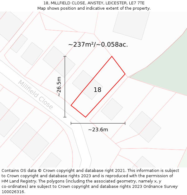 18, MILLFIELD CLOSE, ANSTEY, LEICESTER, LE7 7TE: Plot and title map