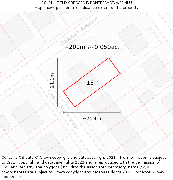 18, MILLFIELD CRESCENT, PONTEFRACT, WF8 4LU: Plot and title map