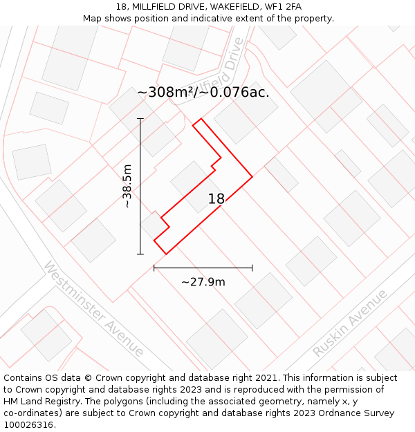 18, MILLFIELD DRIVE, WAKEFIELD, WF1 2FA: Plot and title map