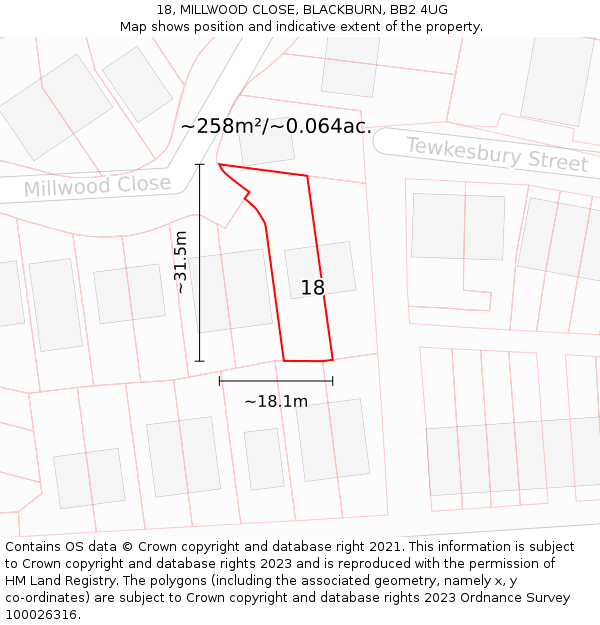 18, MILLWOOD CLOSE, BLACKBURN, BB2 4UG: Plot and title map