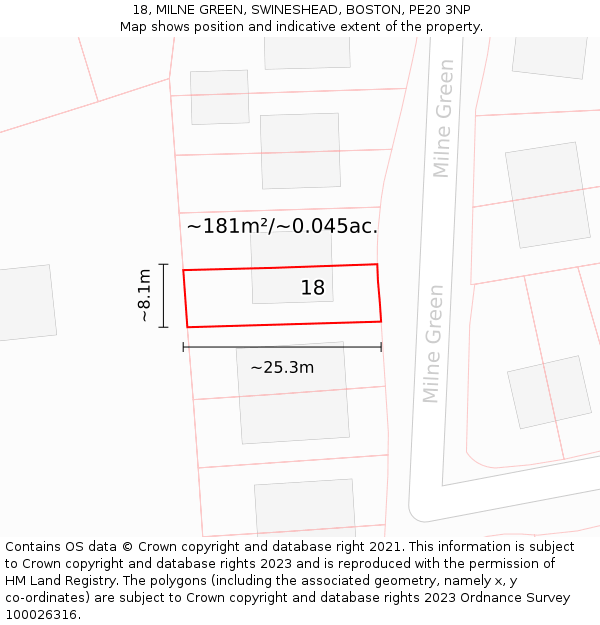18, MILNE GREEN, SWINESHEAD, BOSTON, PE20 3NP: Plot and title map