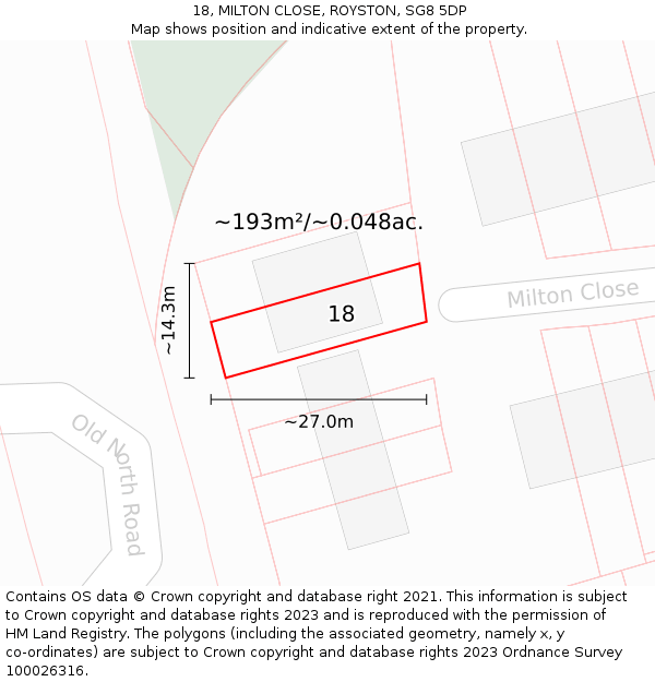 18, MILTON CLOSE, ROYSTON, SG8 5DP: Plot and title map
