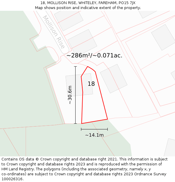 18, MOLLISON RISE, WHITELEY, FAREHAM, PO15 7JX: Plot and title map