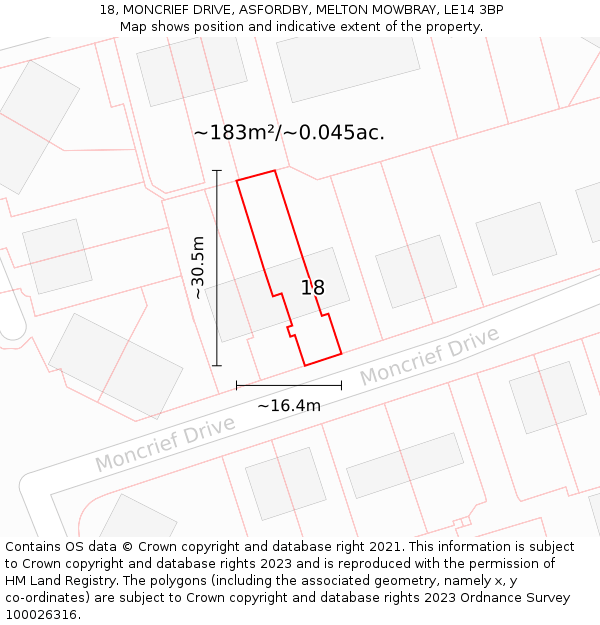 18, MONCRIEF DRIVE, ASFORDBY, MELTON MOWBRAY, LE14 3BP: Plot and title map