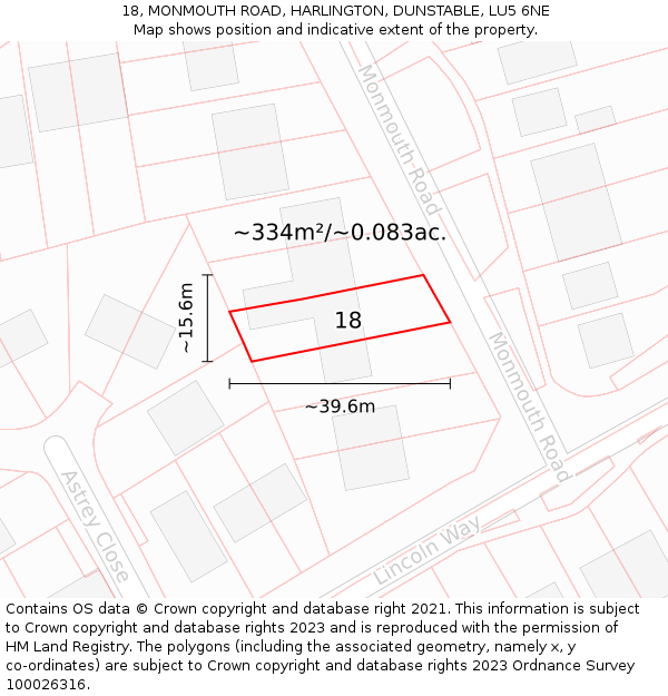 18, MONMOUTH ROAD, HARLINGTON, DUNSTABLE, LU5 6NE: Plot and title map