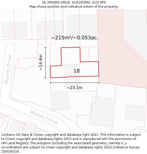 18, MONRO DRIVE, GUILDFORD, GU2 9PS: Plot and title map