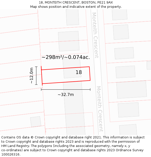 18, MONTEITH CRESCENT, BOSTON, PE21 9AX: Plot and title map