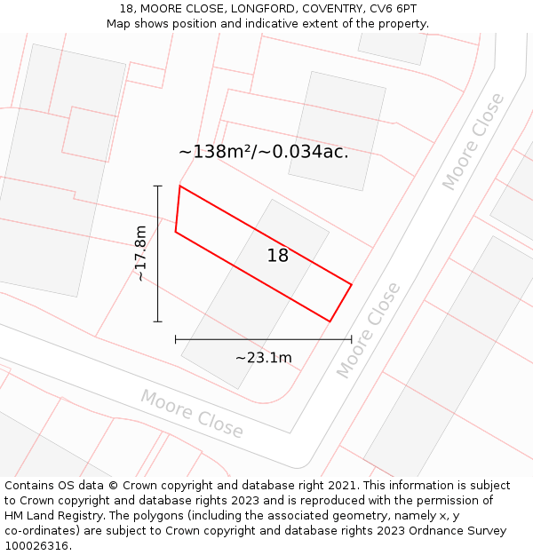 18, MOORE CLOSE, LONGFORD, COVENTRY, CV6 6PT: Plot and title map