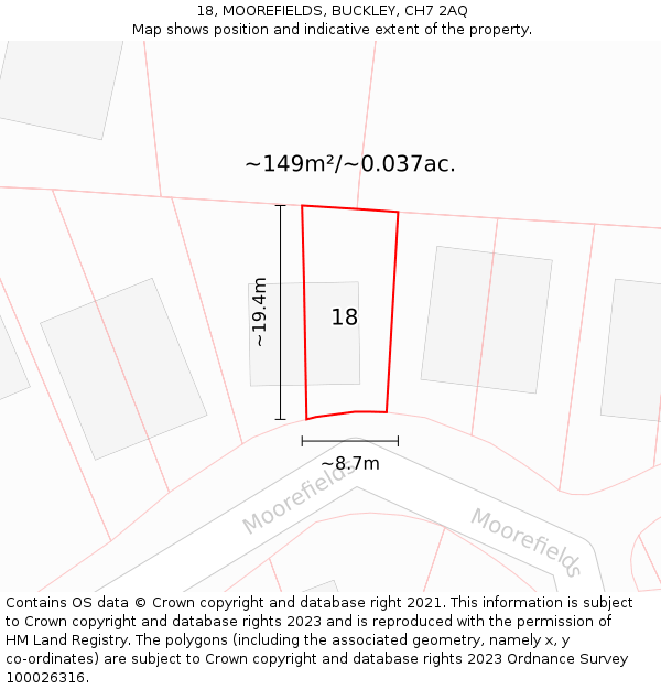 18, MOOREFIELDS, BUCKLEY, CH7 2AQ: Plot and title map