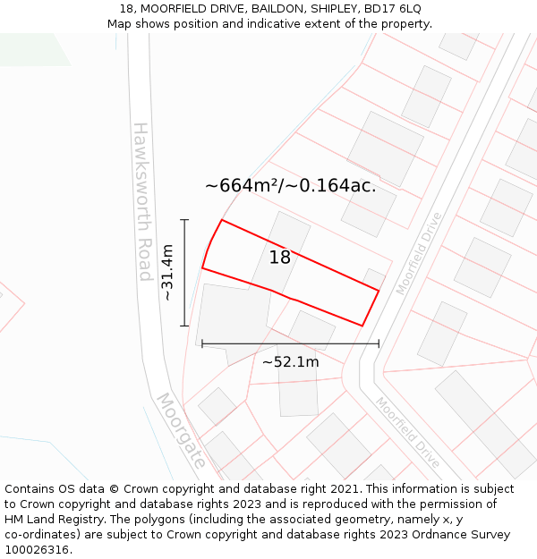 18, MOORFIELD DRIVE, BAILDON, SHIPLEY, BD17 6LQ: Plot and title map