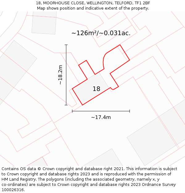 18, MOORHOUSE CLOSE, WELLINGTON, TELFORD, TF1 2BF: Plot and title map