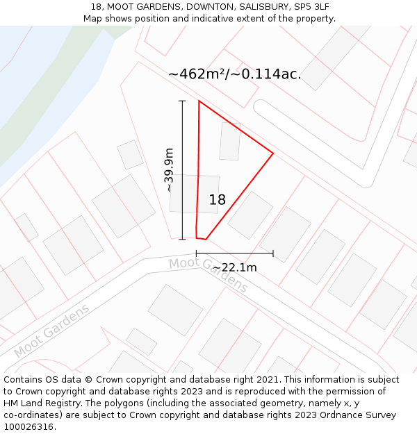 18, MOOT GARDENS, DOWNTON, SALISBURY, SP5 3LF: Plot and title map