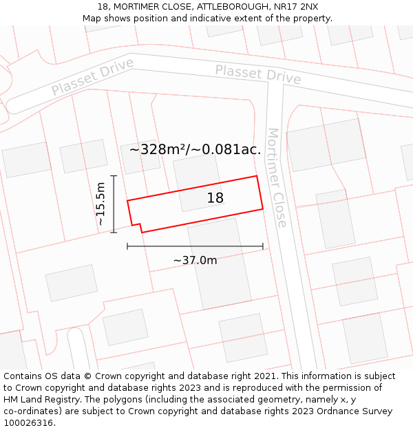 18, MORTIMER CLOSE, ATTLEBOROUGH, NR17 2NX: Plot and title map