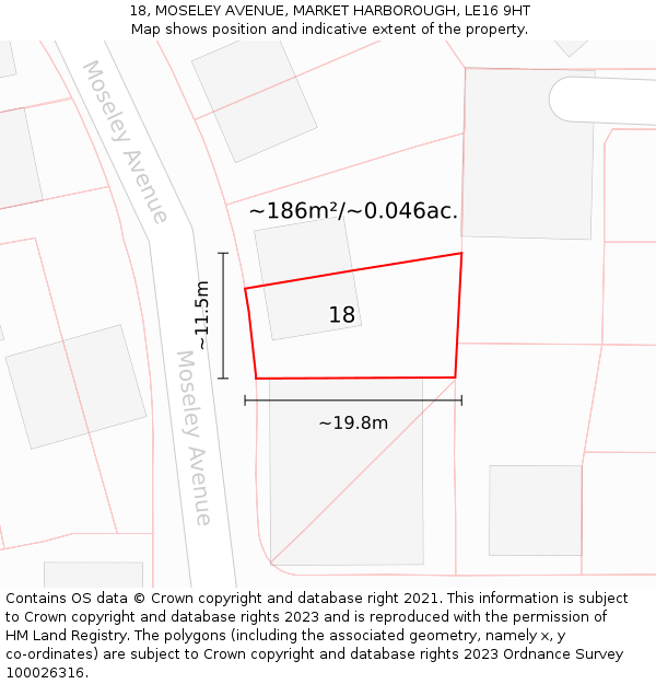 18, MOSELEY AVENUE, MARKET HARBOROUGH, LE16 9HT: Plot and title map