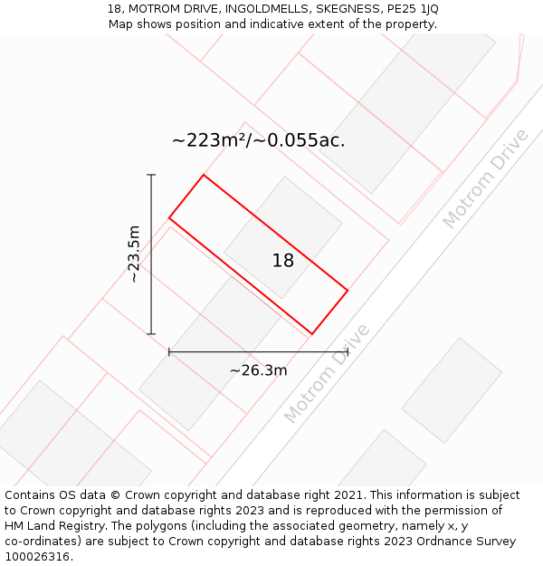 18, MOTROM DRIVE, INGOLDMELLS, SKEGNESS, PE25 1JQ: Plot and title map