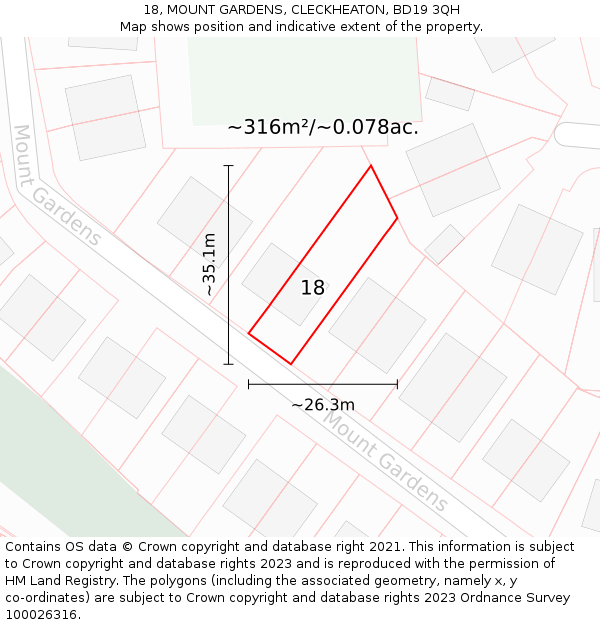 18, MOUNT GARDENS, CLECKHEATON, BD19 3QH: Plot and title map