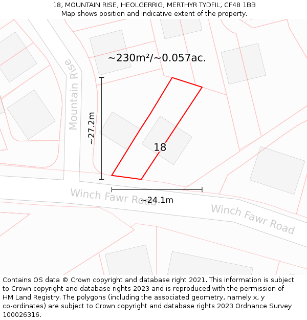 18, MOUNTAIN RISE, HEOLGERRIG, MERTHYR TYDFIL, CF48 1BB: Plot and title map