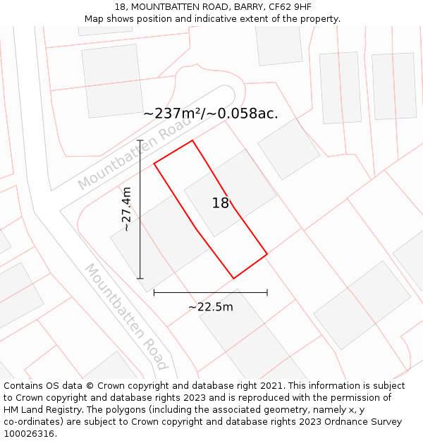 18, MOUNTBATTEN ROAD, BARRY, CF62 9HF: Plot and title map