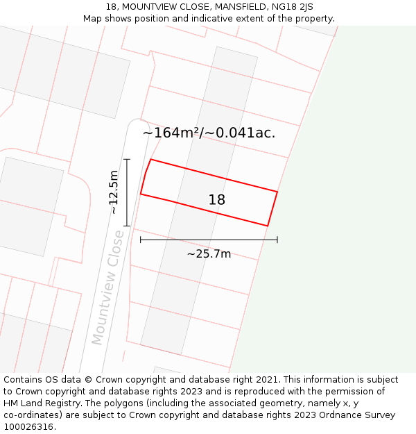 18, MOUNTVIEW CLOSE, MANSFIELD, NG18 2JS: Plot and title map