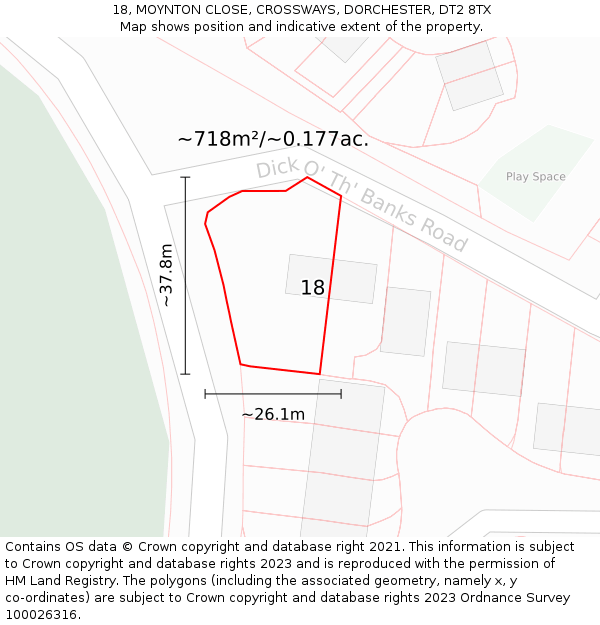 18, MOYNTON CLOSE, CROSSWAYS, DORCHESTER, DT2 8TX: Plot and title map