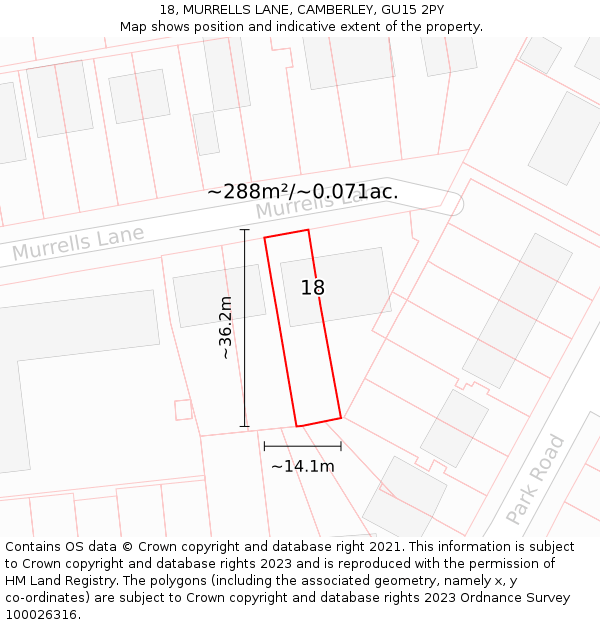 18, MURRELLS LANE, CAMBERLEY, GU15 2PY: Plot and title map