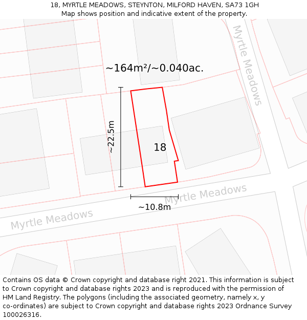 18, MYRTLE MEADOWS, STEYNTON, MILFORD HAVEN, SA73 1GH: Plot and title map