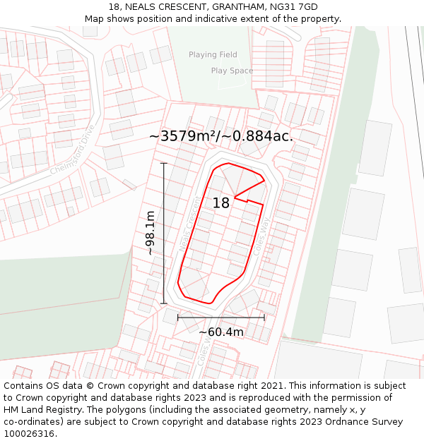 18, NEALS CRESCENT, GRANTHAM, NG31 7GD: Plot and title map