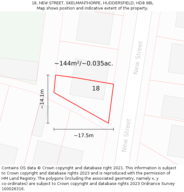 18, NEW STREET, SKELMANTHORPE, HUDDERSFIELD, HD8 9BL: Plot and title map